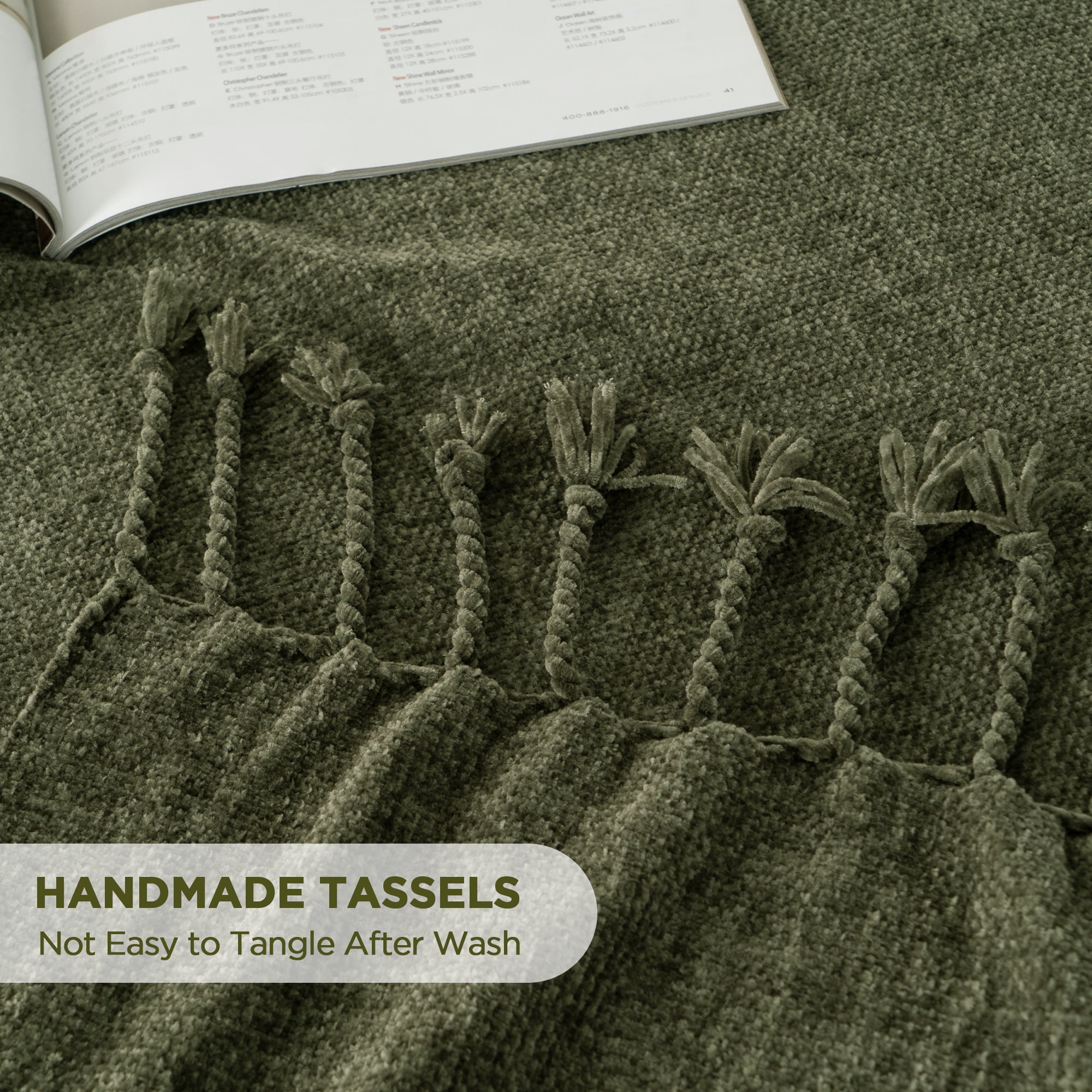 Battilo Olive Green Throw Blanket for Sofa Bed, Soft Cozy Chenille Blankets with Fringe Tassels,50"x60"