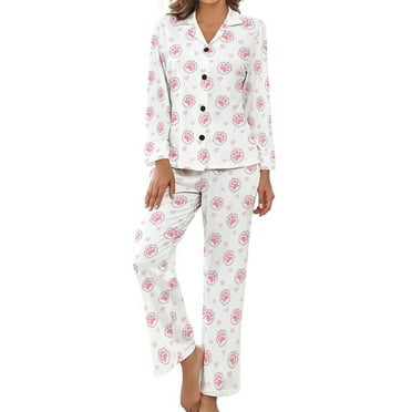 Women's Pajama Set Animal Pink Color Paw Long Sleeve Satin Button Down Nightwear Sleepwear, Soft Loungewear Pjs Sets