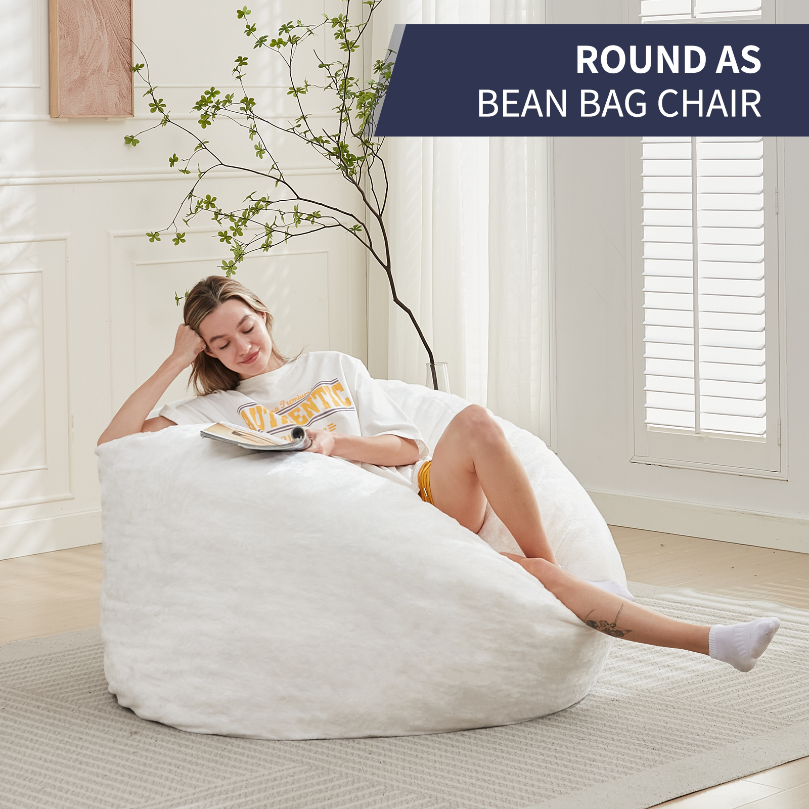 ZAFLY Giant Bean Bag Chair, Full Size Convertible Bean Bag Sofa, Faux Rabbit Fur Lazy Chair for Adults - White