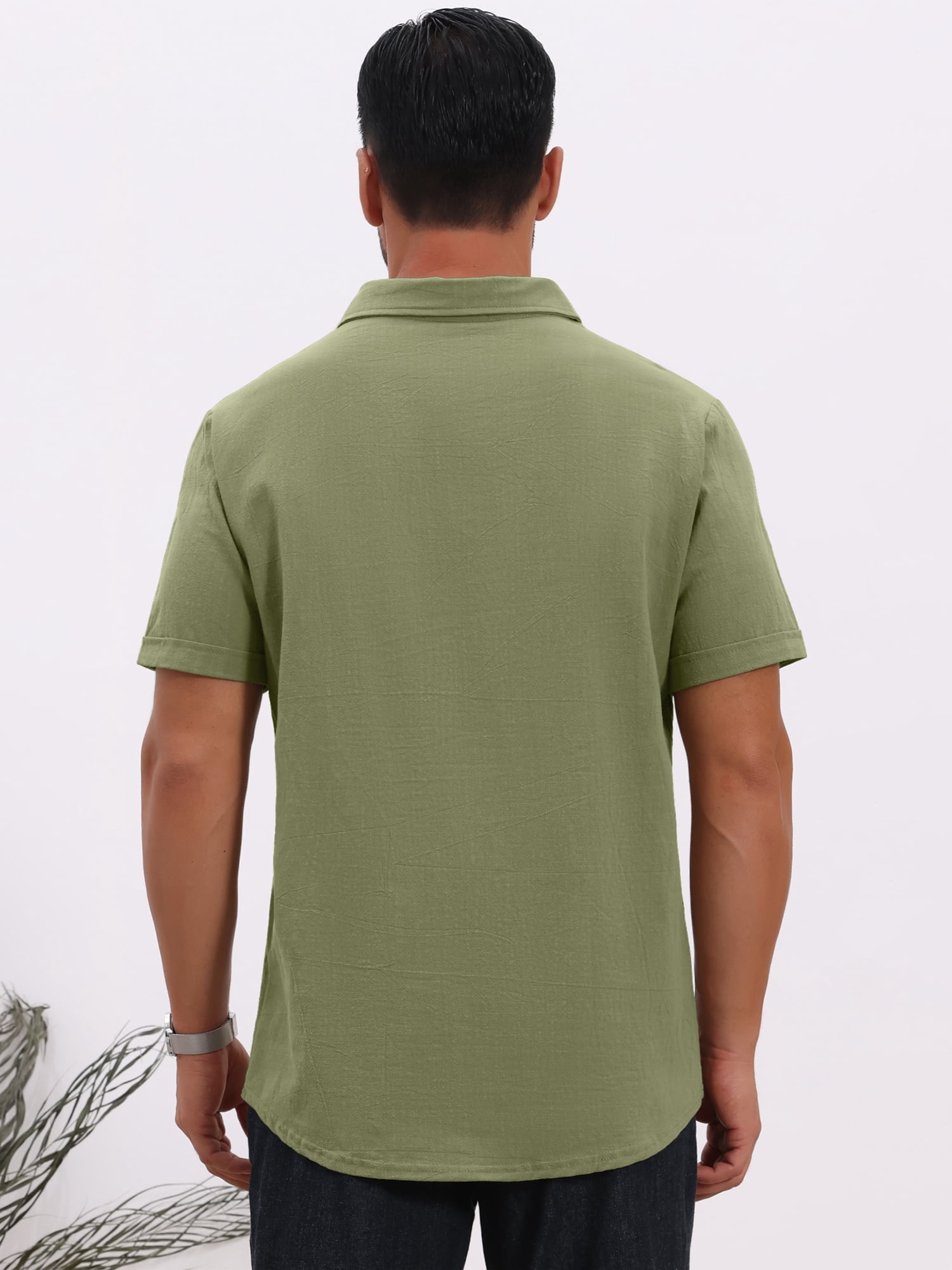 DARING DIVA Men's Linen Chest Pocket Short Sleeve Casual Hawaiian Shirts L Olive Green
