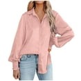 thumbnail image 2 of Womens Button Down V Neck Denim Shirts Long Sleeve Blouse Roll Up Cuffed Sleeve Casual Work Plain Tops with Pockets, 2 of 9