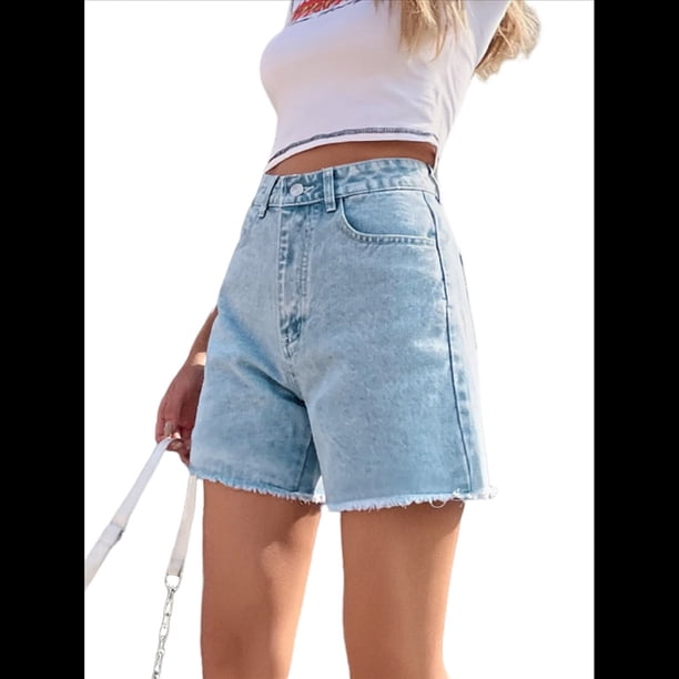 Pantalones Cortos Vaqueros para Mujer, Informales, de Verano, de Cintura Media, Deshilachados, Elásticos y Rotos. Azul y S