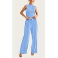 thumbnail image 3 of FreshPretty Women Summer 2 Piece Outfits Ribbed Knit Crew Neck Sleeveless Cropped Top Elastic Waist Wide Leg Pants Lounge Set, 3 of 6