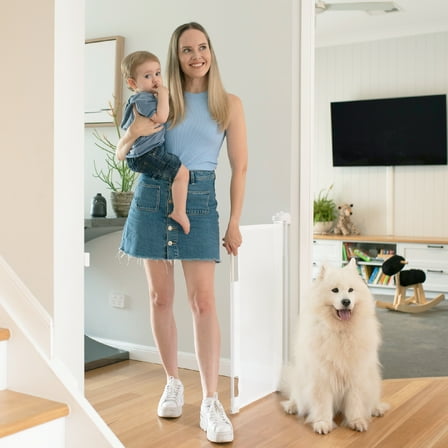 Perma Child Safety 71 in. Wide x 33 in. Tall White Retractable Baby Gate