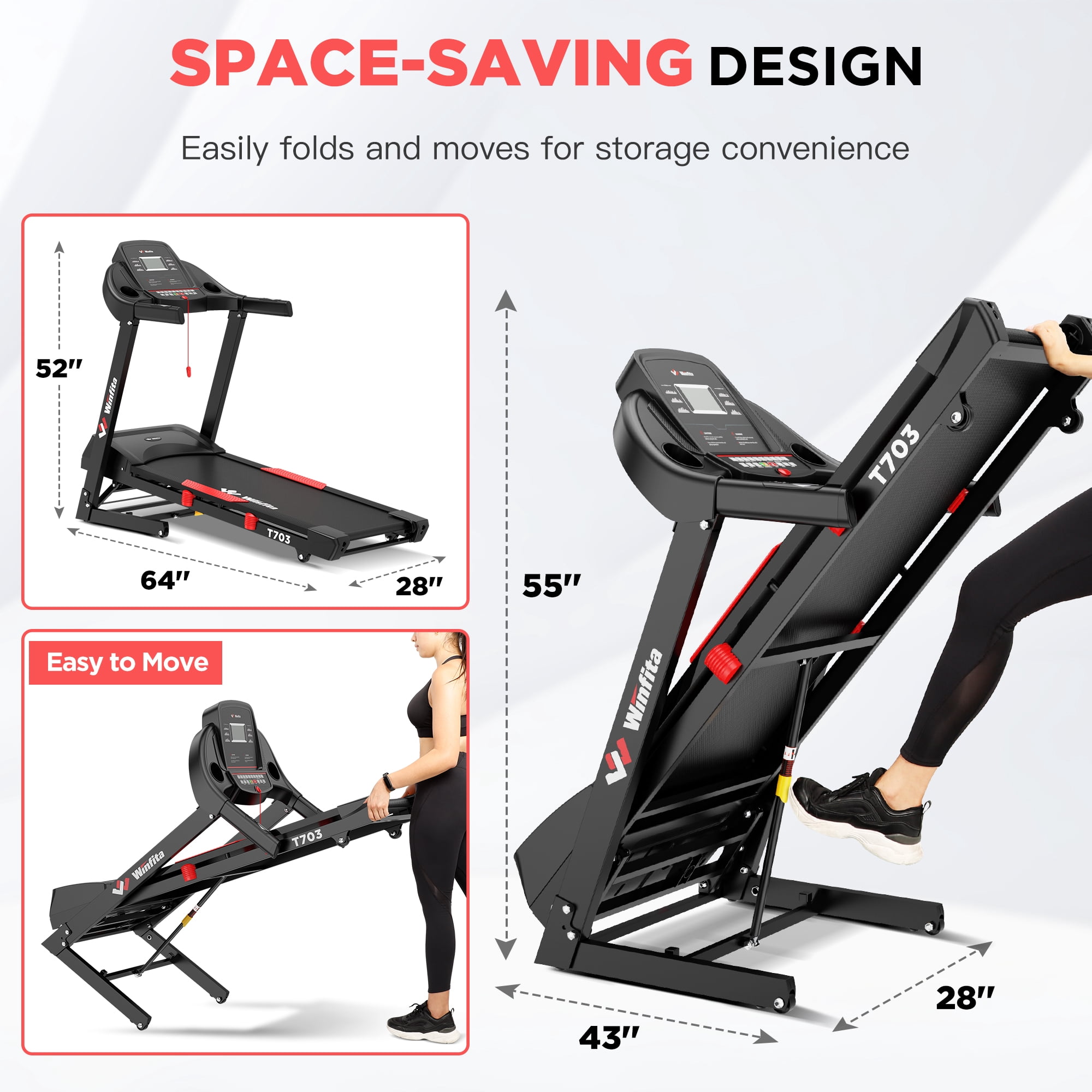 Winfita 15% Auto Incline Treadmill for Home, Foldable Treadmills with 300 Lbs Weight Capacity, 4.0HP Walking Pad Treadmill, Pulse Monitor, BMI Detector, 50"x18"