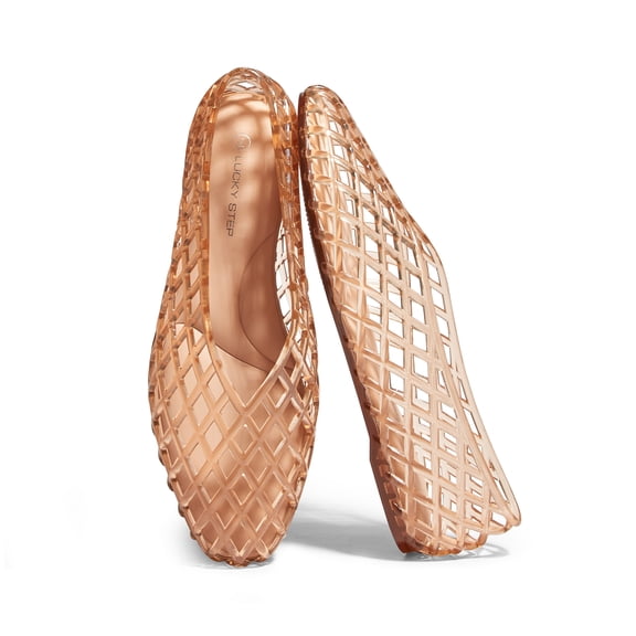 LUCKY STEP Jelly Mesh Ballet Flats Casual Comfort Clear Breathable Sandals,Beige,Womens