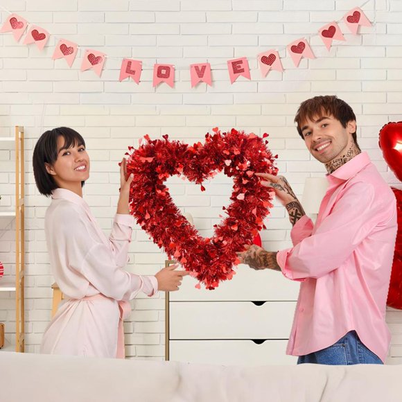 Outoloxit Valentine's Day Heart Shaped LED Floral Garland, Red Plastic Waterproof Illuminated Decoration for Home Holiday Party, Hanging Decor for Stair Railing Mantel Table, 18 Inches