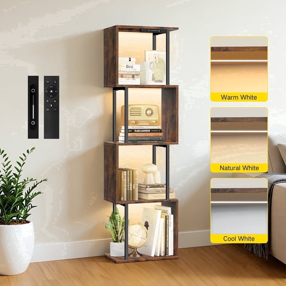 4-Tier S-Shaped Bookcase, Geometric Bookshelf, Wooden Storage Display Shelf for Living Room, Bedroom and Home Office,Brown