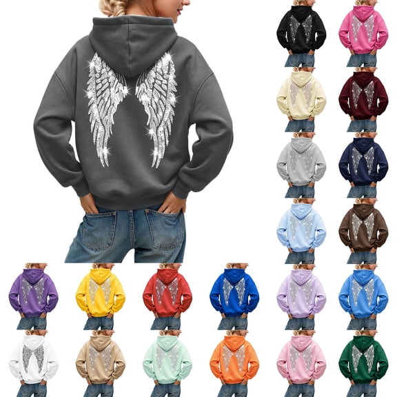 Huangx Angel Wings Rhinestone Hoodie for Girls – Oversized Drop Shoulder Sweatshirt with Pockets, Cozy Vintage Fall Winter Jacket, Cute Birthday Gift Blue 9-10 Years