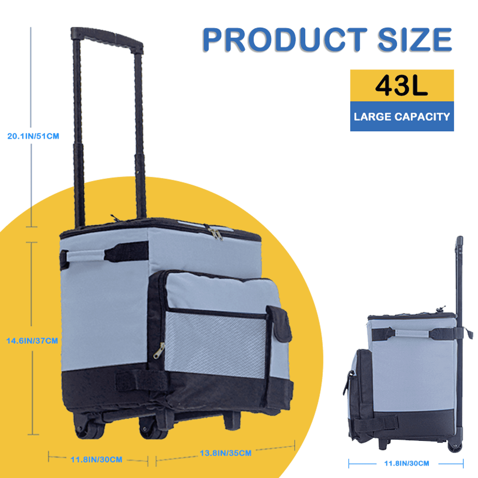 Rolling Cooler, HDJ 43L Large Leakproof Soft Cooler Bag with Wheels and Handle for Beach Camping Patio Travel Outdoor, Grey