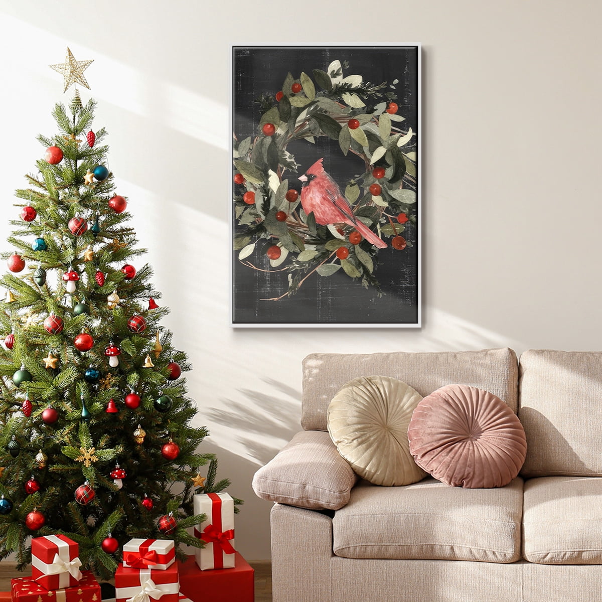 Christmas Cardinal I - Framed Gallery Wrapped Holiday Canvas - 17 x 25 - White Frame