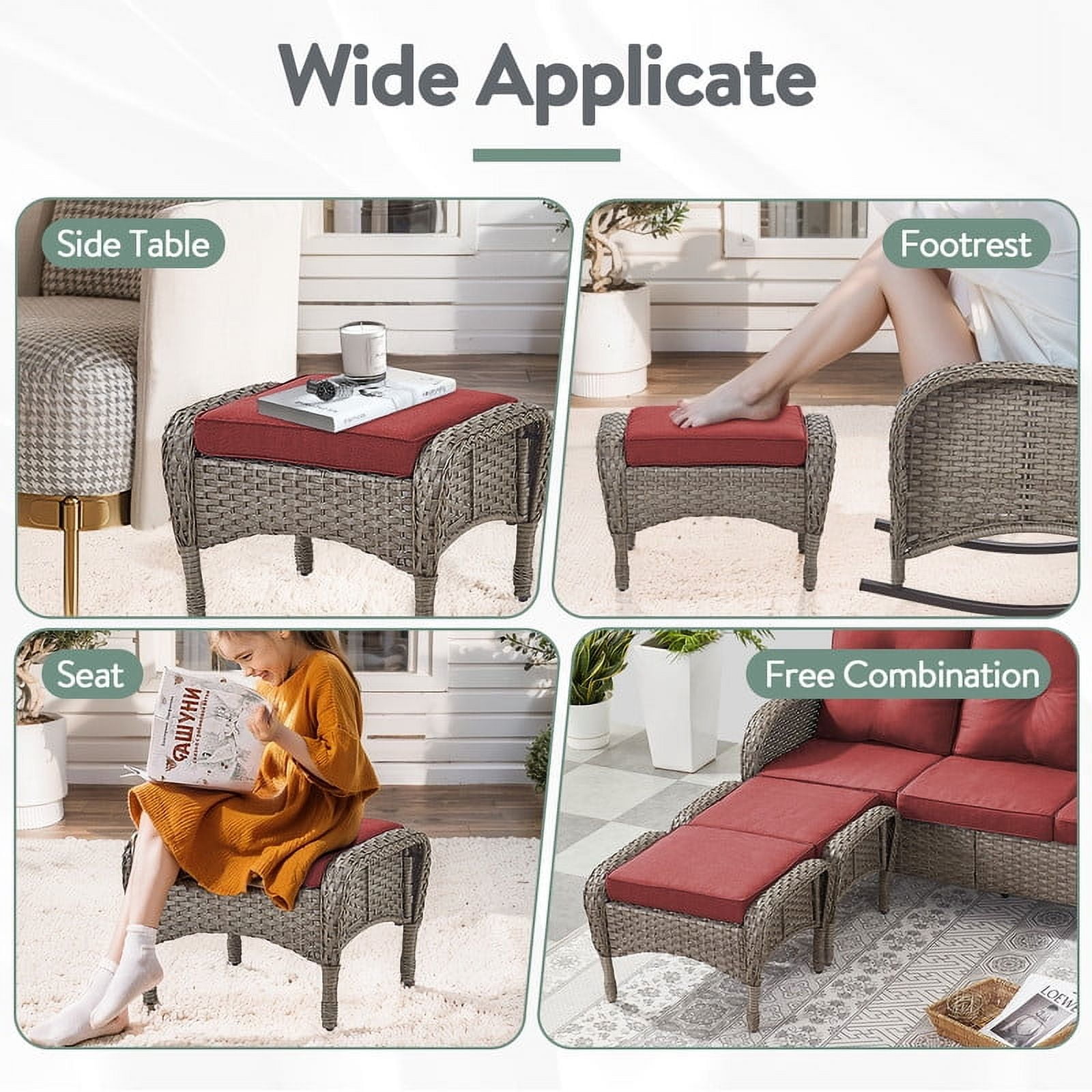 PARKWELL 6-Piece Outdoor Patio Conversation Set,Wicker 7-Seat High Back Furniture with Sofa, Swivel Gliders and Ottomans,Gray Wicker Red Cushions