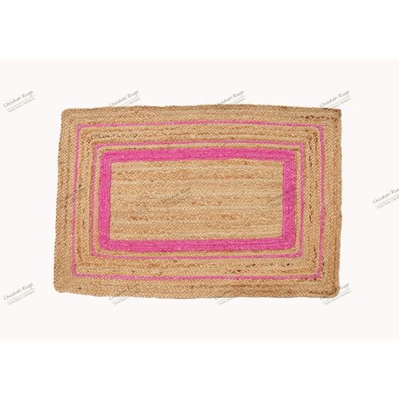 Area Rug Natural Jute Hand Braided Rug Pink Scalloped Rectangle Rug