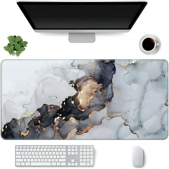LAMIRO Desk Mat, Gaming Mouse Pad Large, XXL Keyboard Matt, Long Mousepad with Non Slip Base, Giant Computer Desk Pad Mat Extended for Office Desktop Laptop, White Gray Gold Marble