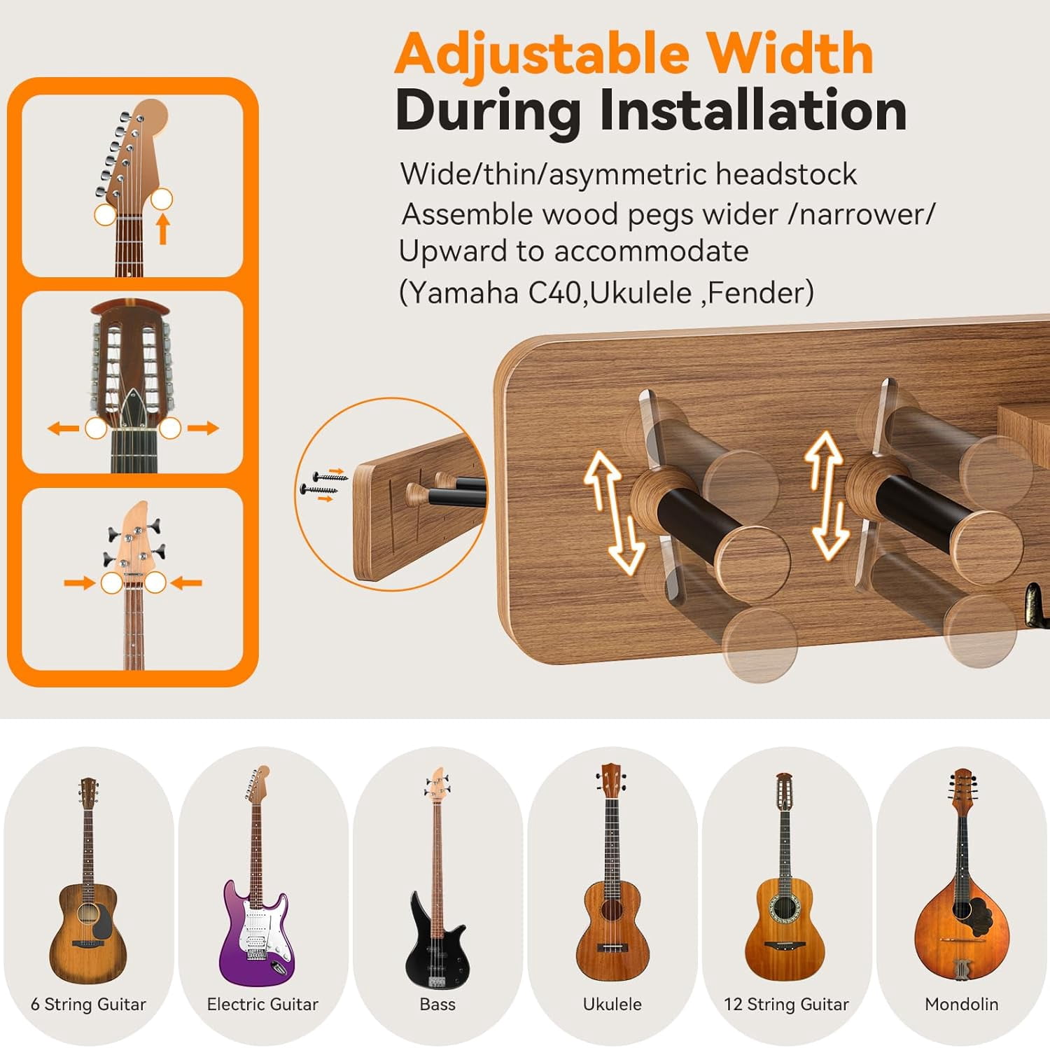 2-Pack Guitar Wall Mount, Adjustable Guitar Hanger Wall Mount with Pick Holder and 2 Hooks Wood Guitar Wall Hangers, Guitar Holder for Acoustic, Electric, Bass, Ukulele(Brown 2PCS)