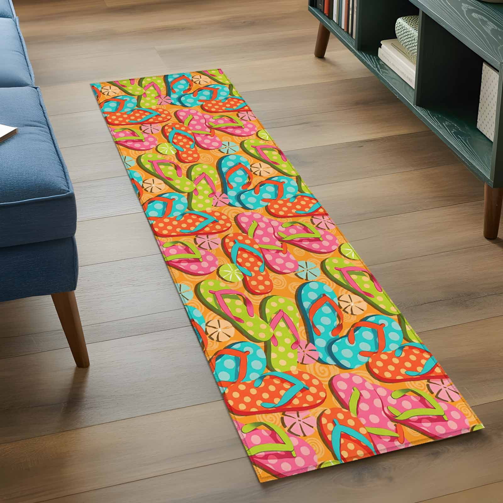 Watercolor Flip Flop 2'x6' Runner Rugs for Hallway Kitchen Bedside Non Slip Washable, Summer Coastal Beach Slippers Entryway Rug Runners with Rubber Backing, Long Carpet Runner for Laundry Room