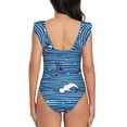 thumbnail image 6 of Yiaed Sharks on White Blue Striped Print Women's Ruffled One Piece Swimsuit V Neck Swimwear Slimming Monokini for Woman-Small, 6 of 8