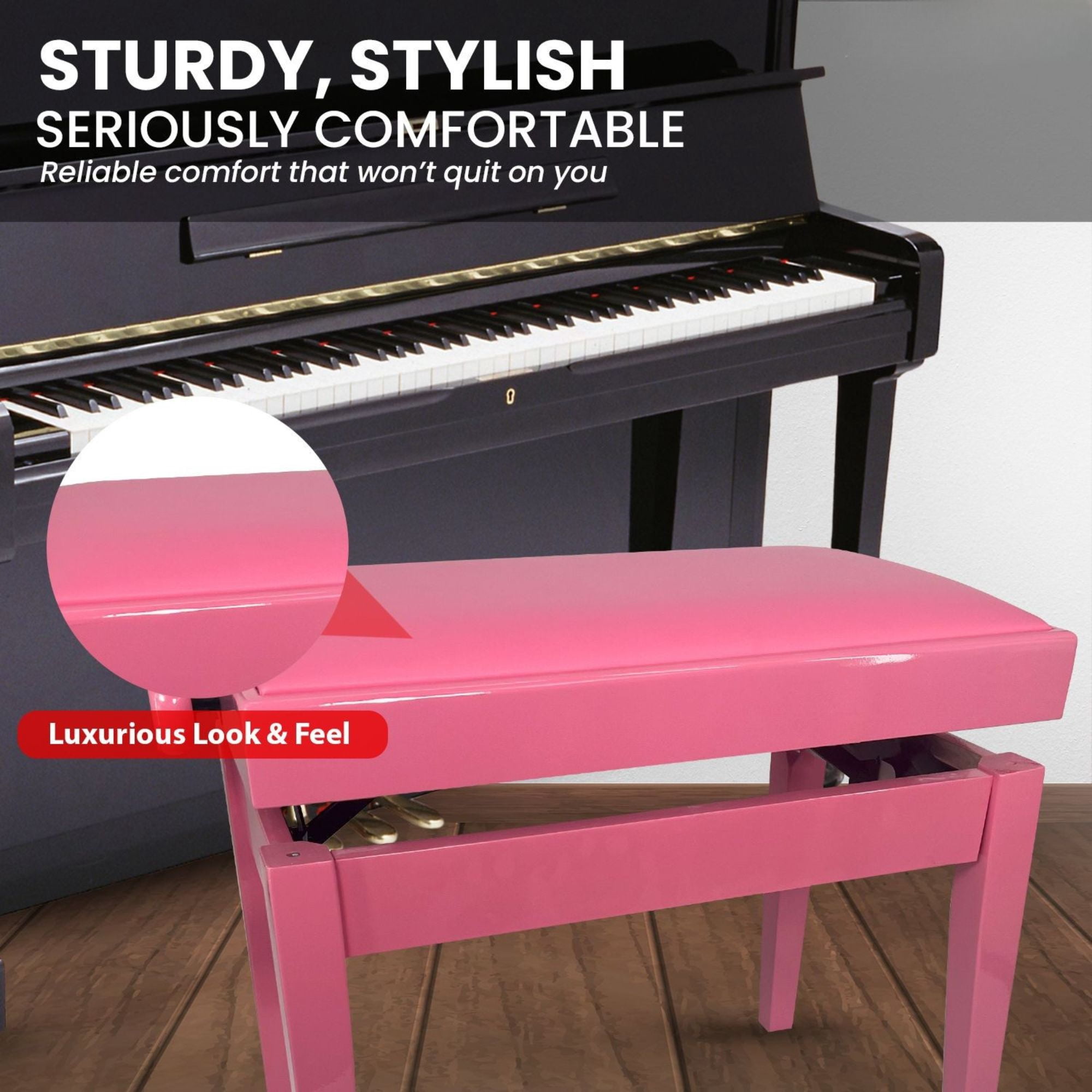 Adjustable Piano Bench - Padded Solid Wood Keyboard Stool (18"-22") - Pink