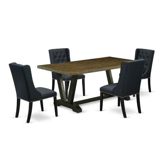 East West Furniture V-Style 5-piece Wood Dining Set with Fabric Chairs in Black