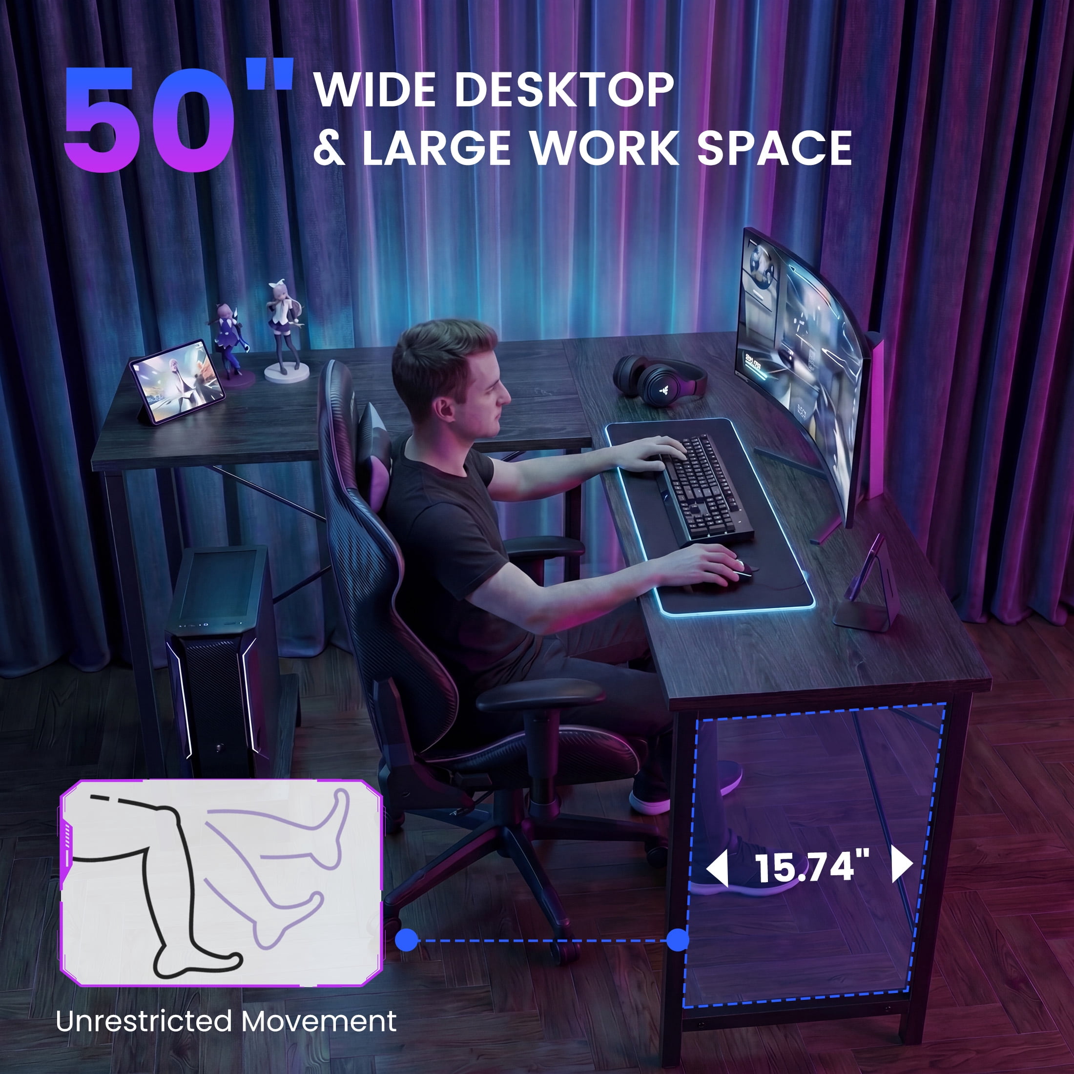 edx 50 Inch L Shaped Desk - Computer Desk Corner Desks Gaming Desk PC Table with CPU Stand for Home Office Dorm Sturdy Writing Workstation, Gray