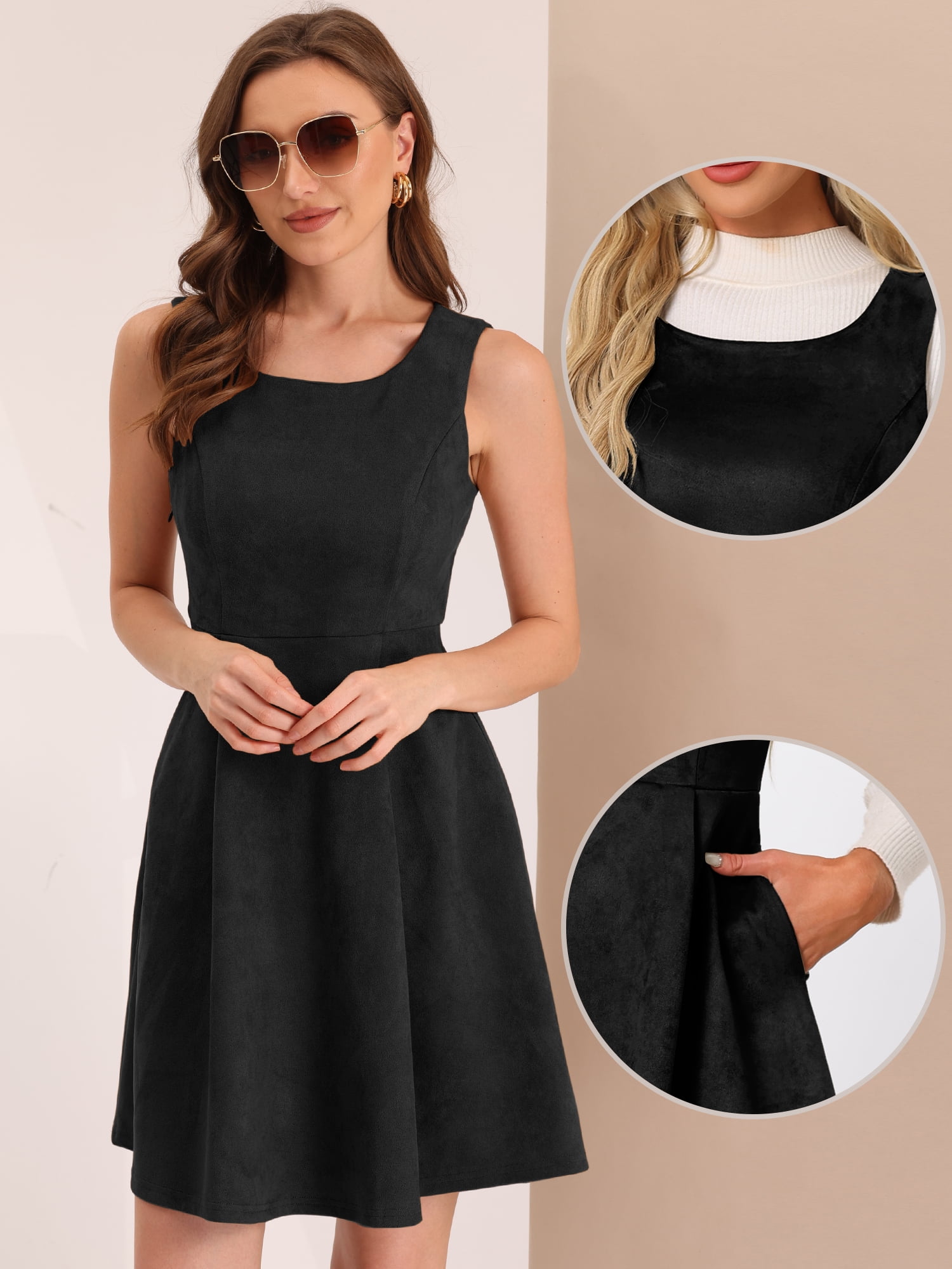 DARING DIVA Round Neck Sleeveless A-Line Pleated Faux Suede Overall Dress M Black