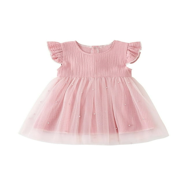Enfants Bébé Filles Maille Robe Manches Courtes Cou Perle Décoration Été Décontracté une Robe Midi Doublée Rose 18-24 Mois