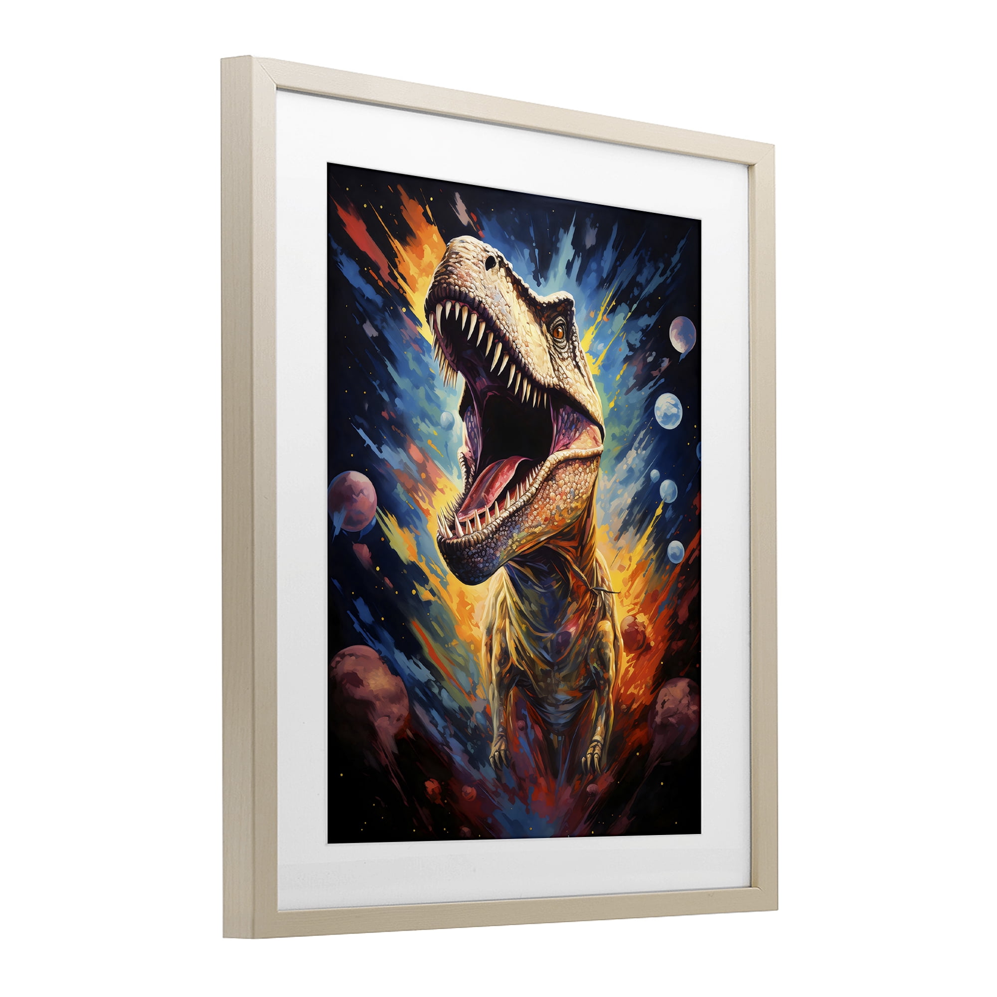 Stupell Industries Dinosaur with Planets Birch Framed Print Under Glass, design by Creative Studio