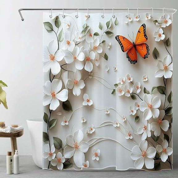 Boho Floral Shower Curtain For Bathroom Modern Abstract White Flower And Butterfly Shower Curtain With 10 Hooks Minimalist Plant Decorative Bath Curtain Washable Bathroom Decor 36"W x 72"L
