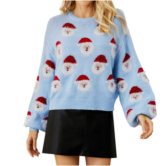 Lovskoo 2024 Fall Sweaters for Women Christmas Santa Claus Print Round-Neck Long Sleeve Knit Sweater Tops Blue