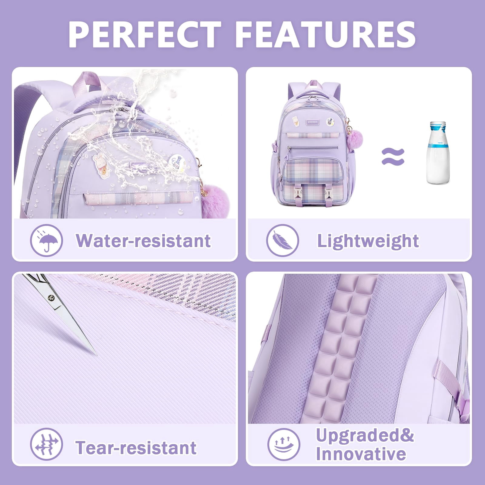 Soda Candy Girls Backpacks for School Kawaii Large Bookbag with Multiple Compartments Lightweight Casual Daypack for Teen Girls Primary Elementary Middle School College, Age 6-14, Purple