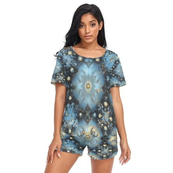 Women Pajama Sets Short Sleeve Sweatshirts Celestial Patterns Casual Tops and Shorts