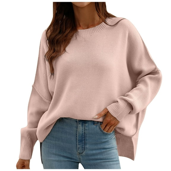 Odeerbi Sweaters for Women Fall Sweaters 2025 Crew Neck Fashion Coat Top Round Collar Loose Long Sleeve Split Coat Pink