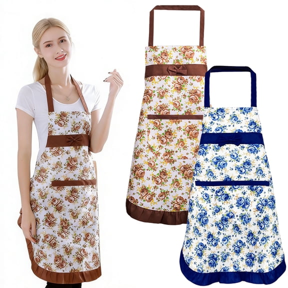 Clearance Under $0.79 Kitchen Apron Adjustable Bowknot Print Polyester Cooking Apron with Pocket for Home Restaurant Work