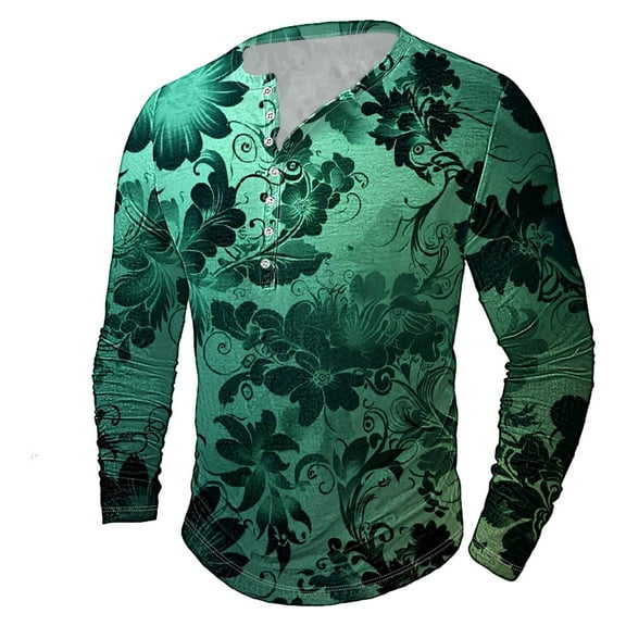 Men's Long Sleeve Shirt Print Button Loose Pullover Top For Men Fashion Fall Oversized Crew Neck Casual Blouses (Army Green 3XL)