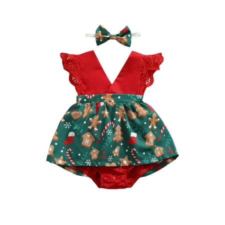 

ZIYIXIN Newborn Baby Girls Christmas Outfit Santa Snowflake Print Fly Sleeve V Neck Romper Dress Jumpsuit Headband Set Green 12-18 Months