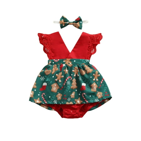 

Nokpsedcb 2PCS Infant Newborn Baby Girls Christmas Romper Santa House Plaid Snowflake Print Fly Sleeve V-Neck Crotch Buttons Dress-Shaped Jumpsuit Green 9-12 Months