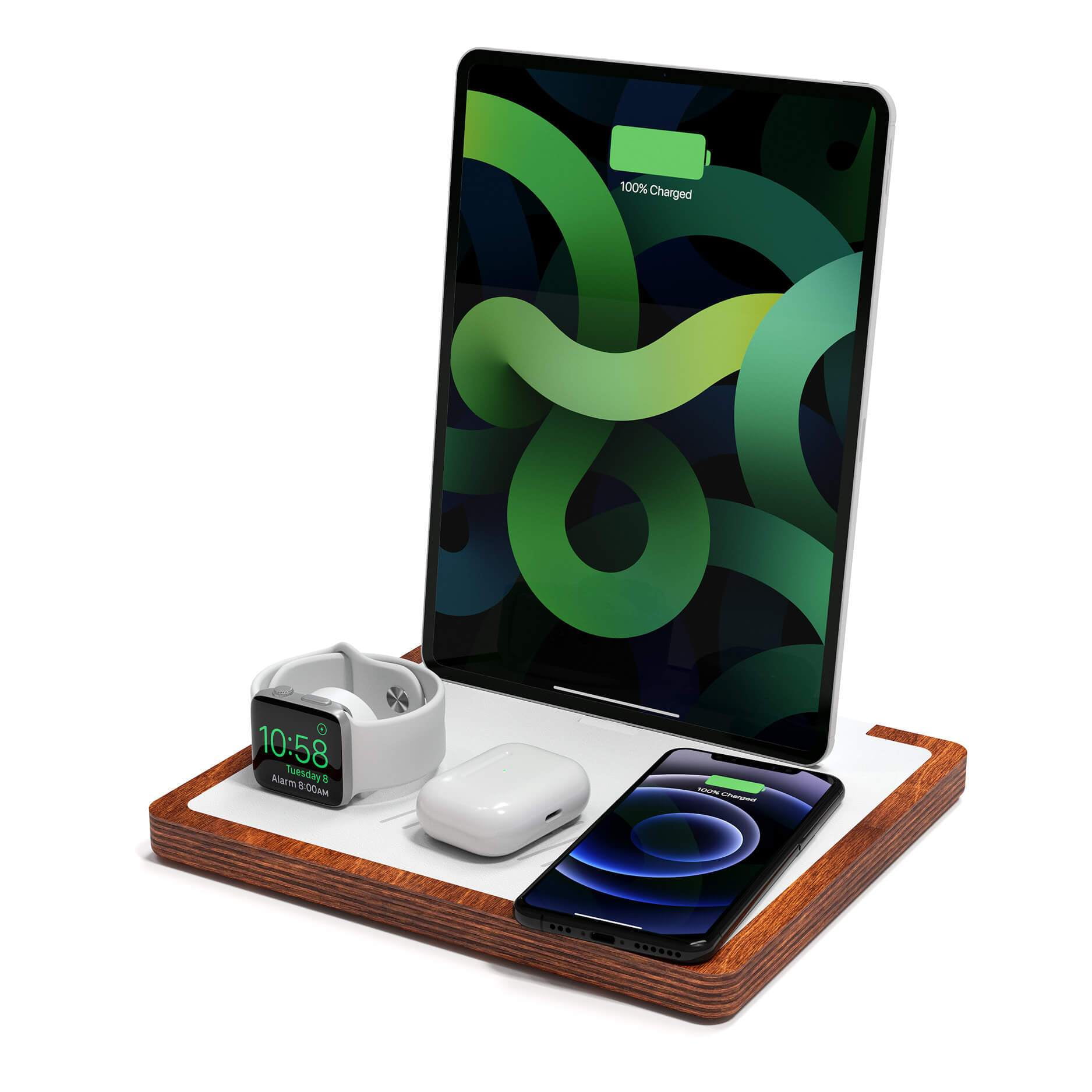 NYTSTND QUAD 5Coil, White Leather Top, Oak Wood Base, 4in1