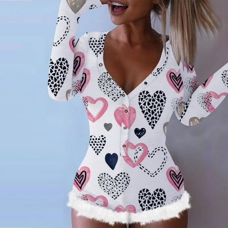 

Quealent OnePiece Jumpsuits For Women Romper Nightwear Playsuit Long Print Bodysuit Jumpsuit Women s Sleeve Heart Women s B S