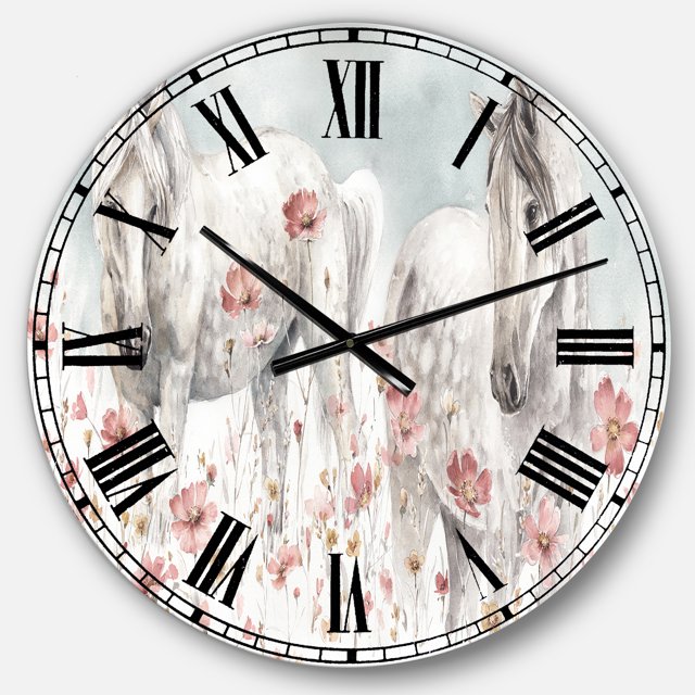 Designart 'Watercolors Pink Wild Horses Traditional Wall Clock