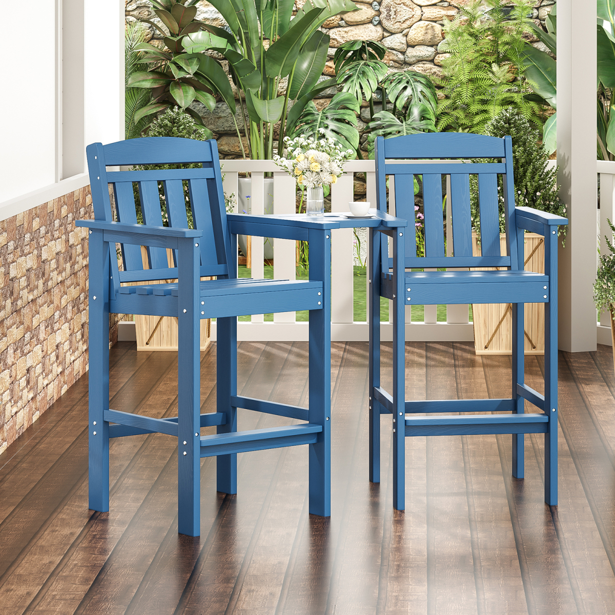 2-Pack Bar Height Adirondack Chairs - HDPE All Weather Patio Bar Stools with Connecting Tray, Ideal for Balcony, Poolside & Backyard
