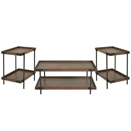 Kyra 3-Piece Oak and Metal Living Room Set with Two Side Tables and Coffee Table