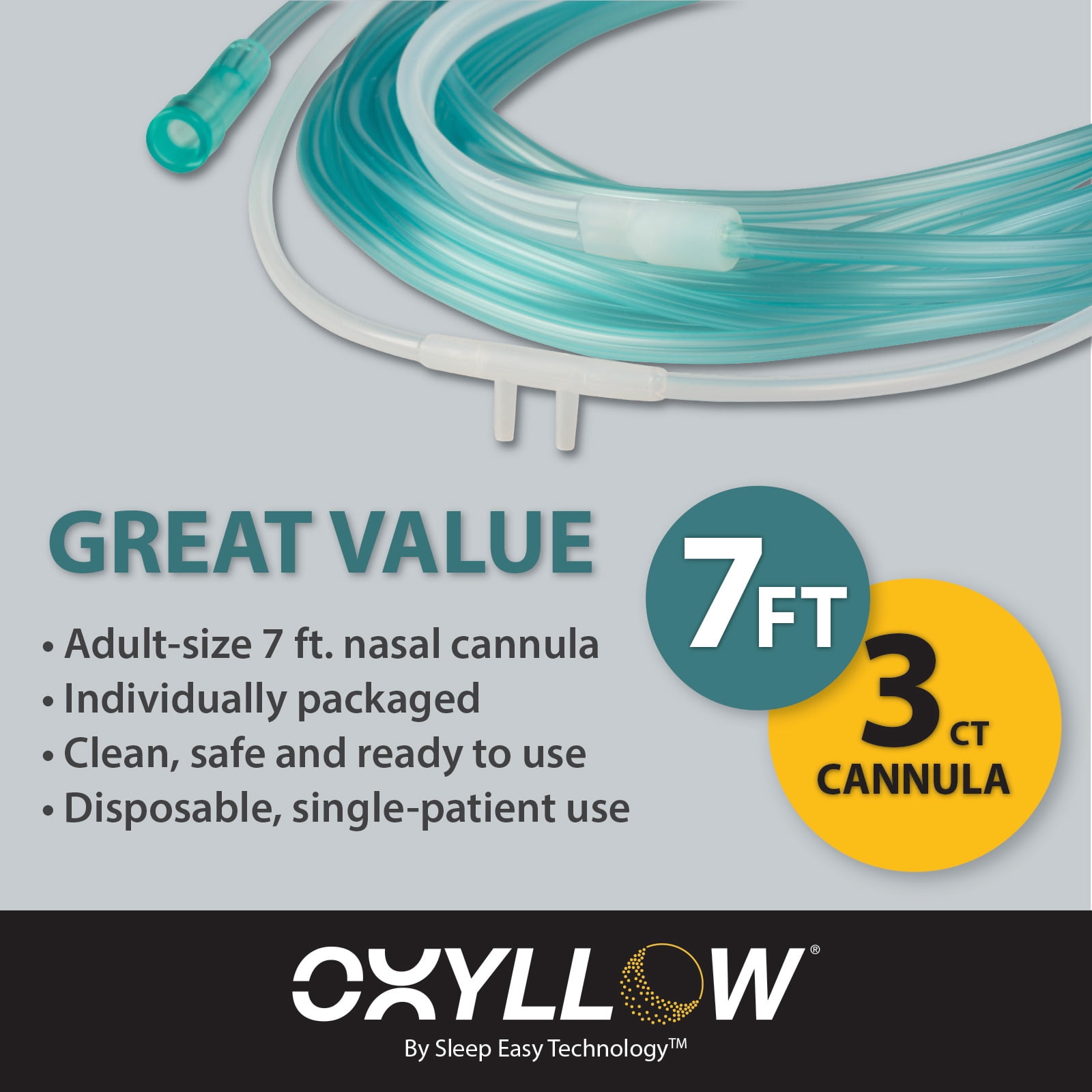 Oxyllow Super-Soft Nasal Cannula | Gentle on Nose, Cheeks and Ears | 3-Count | 7 FT | Adult-Size | Lightweight, Over-The-Ear Design
