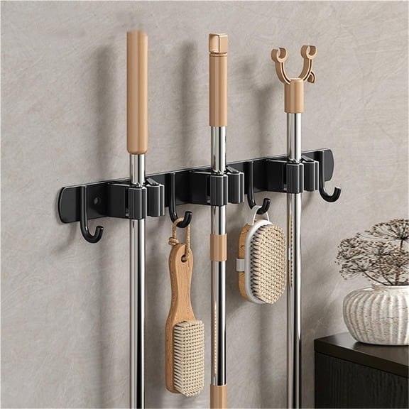 Mop Broom Holder Wall Mount, Black Stainless Steel Tool Storage Organizer with 3 Slots 4 Hooks for Home Kitchen Garden,Broom Storage Tool Organizer for Garage Closet Laundry