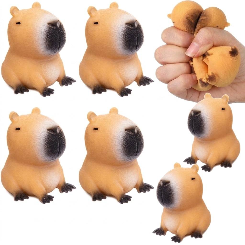 Capybara Squishy 6-Pack, Cute Stress Balls - Mini Animal Fidget Squeeze for Teens & Adults, Office Desk Decor, Birthday and Stocking Stuffer Gifts