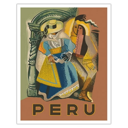 Peru - Cubist Dancers - Vintage Travel Poster by Springett c.1940s - Fine Art Matte Paper Print (Unframed) 11x14in