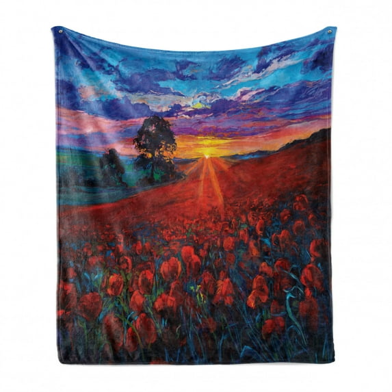 Country Soft Flannel Fleece Blanket, Fairy Clouds at Sunset Paint Scenery of Poppy Flower Garden on Valley with Horizon, Cozy Plush for Indoor and Outdoor Use, 50" x 70", Multicolor, by Ambesonne