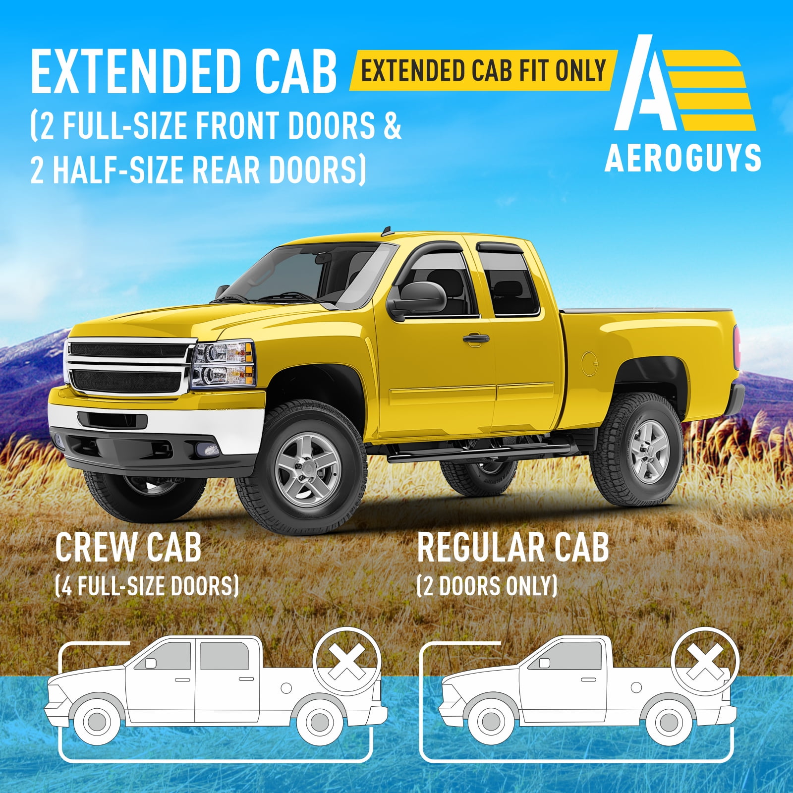 AEROGUYS Tape-On Window Deflectors Extra Durable Window Visors Rain Guards Fit for Chevrolet (Chevy) Silverado 1500 2007-2013 Extended Cab, Sun Visors, Wind Vent Visors, Truck Accessories-4pcs AG0014