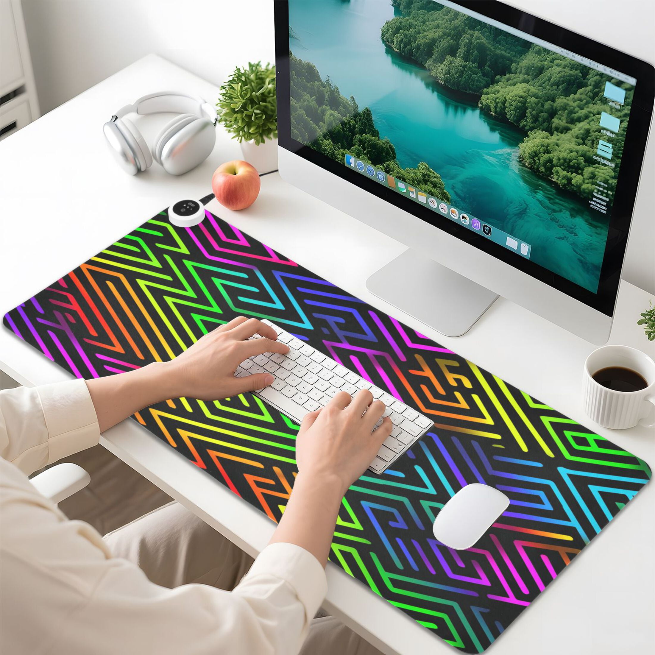 Large Heated Desk Mat Mouse Pad 31.5"x13"PU Leather Graphene Heating Desk Warmer with 3 Temperature Settings 110V US Plug Non-Slip Warm Pad for Home, Office, and Gaming Rainbow Neon Labyrinth Print