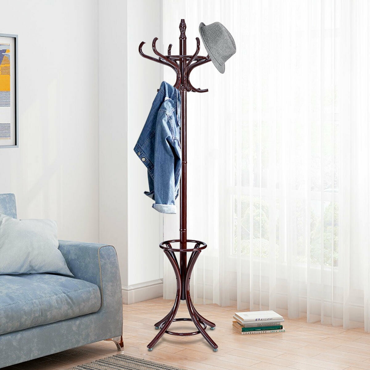 Giantex Wooden Coat Rack Standing, Coat Tree w/2 Adjustable Height, Hanger Stand w/8 Hooks for Clothes, Hats, Bags, Umbrellas, in Home, Office, Grey