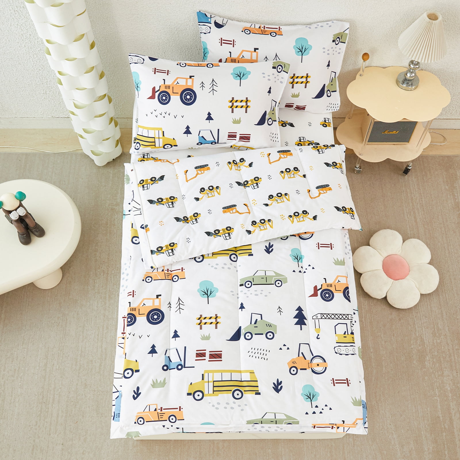 ZRNBAST Construction Comforter Set for Boys Zipper Bedding Sets Twin Size Lightweight Microfiber Cartoon Car Comforter for Kids All in one Zipper Bed Set(White,Twin)